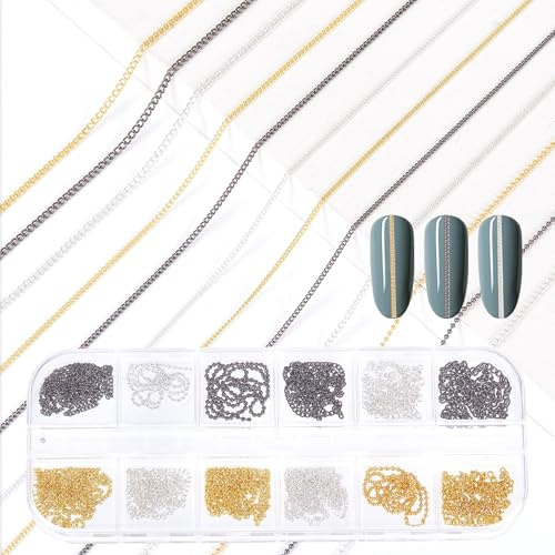 NICENEEDED 12 Bandes de Chaînes à Clous 3D pour Bijoux Chaînes à Ongles Or Argent Gris Foncé Accessoires de Nail Art en Métal avec Boîte pour Décoration de Manucure DIY