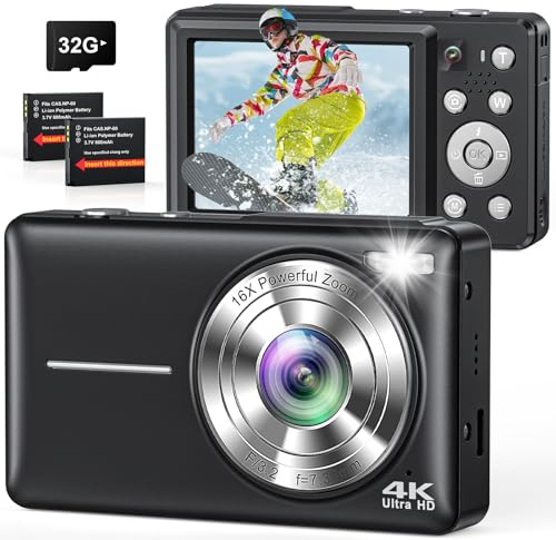 Fotocamera digitale 4K, compatta fotocamera digitale con messa a fuoco automatica, doppia fotocamera, flash, zoom 16x, scheda da 32 GB, fotocamere da 64 MP per fotografia, ragazzi, ragazze