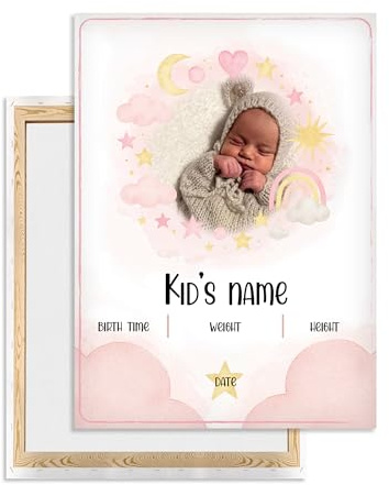 Ferocity Personalisiertes Geburtsbild 30 x 40 cm Geburtsanzeige Leinwand mit Foto & Geburtsdaten | Wanddeko fürs Babyzimmer | Geschenk zur Geburt Taufe Babyshower für Mädchen Motiv Wolke [128]
