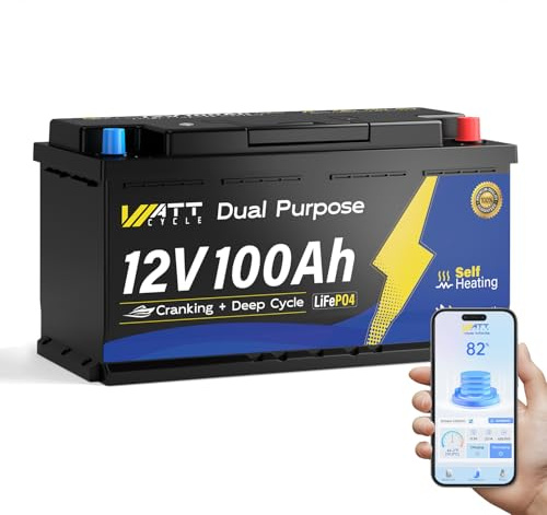 Wattcycle Batterie Lithium 12V 100Ah Auto-Chauffage et Marine de Démarrage, BMS intelligent 100A, Supporte la Charge à Basse température(-4°F),pour Bateaux, Hors réseau dans Les Zones Froides