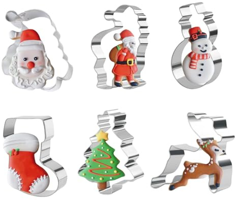 UTXN Juego de Cortadores de Galletas Navideñas, 6 Piezas, Acero Inoxidable Papá Noel, Reno, Muñeco de Nieve, Árbol de Navidad, Calcetines Navideños, para Niños, Familias, Fiestas