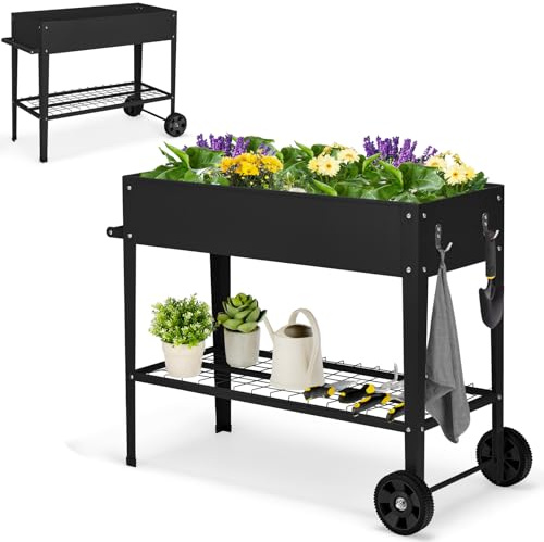 HOMASIS Hochbeet mit Ablage aus Netz & 2 Rollen, Blumenbeet aus Metall, erhöhtes Gartenbeet mit 2 Haken & Griff, Frühbeet Blumenkasten hoher Rollwagen für Garten Balkon Terrasse, 95x40x80cm (Schwarz)