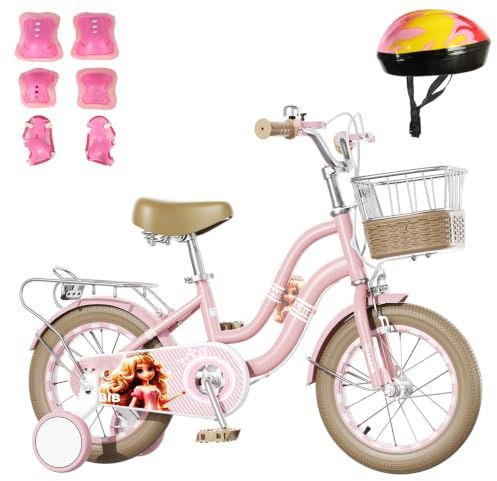 Habib Kinderfahrrad Mädchen 12 14 16 Zoll Retro, Korb Helm Schutzset Pumpe | Größe nach Körpergröße: 12 Zoll 85–105 cm, 14 Zoll 100–120 cm, 16 Zoll 115–130 cm. Sattel ab 47 cm