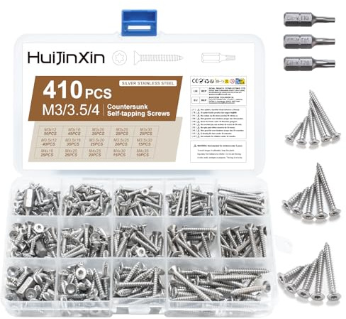 410 Pcs Flat Countersunk Head Torx Screws Set, Stainless Steel Sheet Metal Screws, Tamper Proof Self Tapping ScrewsSecurity Screw Set for Wood Mechanical Industry (Silver) (Flat head screw)