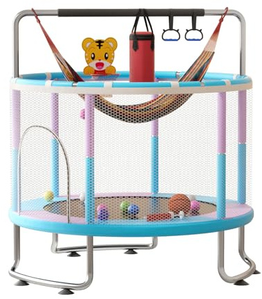 Trampolin Kinder Indoor Outdoor, 150 cm Kindertrampolin, bis 200 kg, Kinder Trampolin mit Sicherheitsnetz, Basketballkorb, Schaukel und Verstellbarer Griff, Geschenk für Jungen und Mädchen (Stil B)