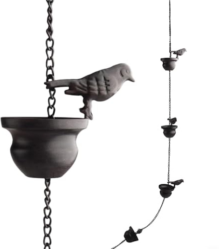 GANCEI Regenketten, 2,4 m Eisen-Vogel-Regenkette mit hängenden Windspielen, Glocken, Gartendekoration mit 8 Vogelbechern für Wasserfluss und angenehmen Klang