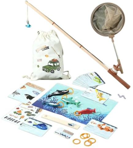 Jeux educatif enfant montessori de pêche bois Kit pour Enfants, Set de Pêche Éducatif avec Filet, Figurines de Poissons, Sac de Transport en Toile, Activités d'Apprentissage Océaniques, anglais