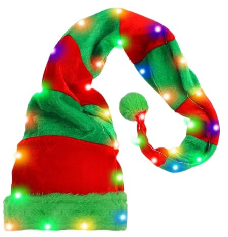 Goldene Samt-Weihnachtsmannmütze, beleuchtete Weihnachtsmütze, Urlaubsmütze mit LED-Lichtern, Neujahrskappe, Weihnachtsmütze, gestreifte Hüte, Weihnachts-Kostüm-Zubehör für Freunde, Familie, Kollegen