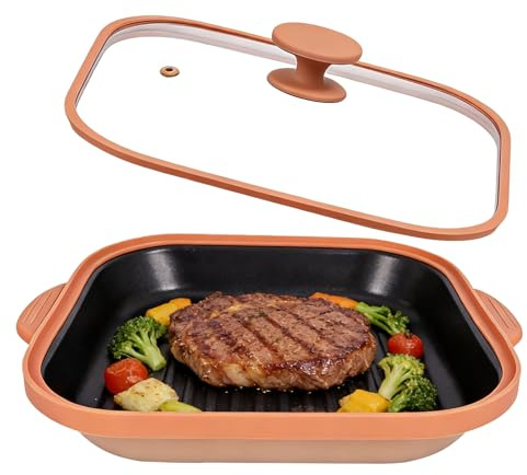 Microwave Grill Pan With Cover, Microwave Bacon Cooker, Portable Microwave Cookware For Grill Meat, Sandwich & Vegetable Dishwasher Safe (Square-Beige-Glass Lid)