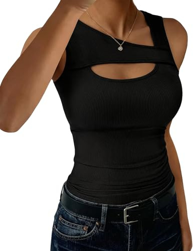 Aottori Canottiera Costine Donna Scollo Asimmetrico Canotta in Maglia Attillata Basic Top Elasticizzato Magliette Senza Maniche Tank Tops Tinta Unita Nero L