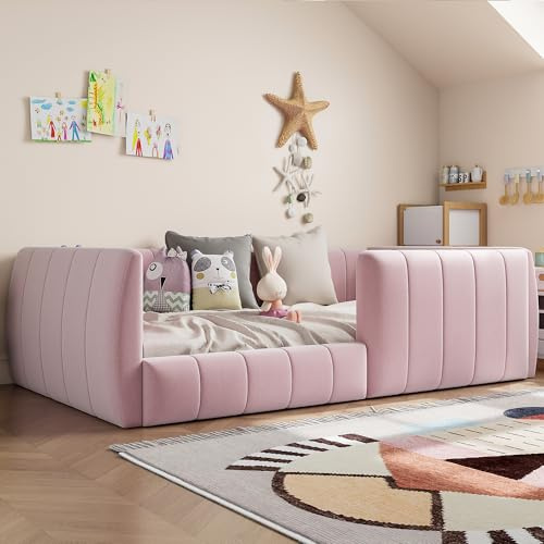 Kinderbett Bodenbett 90x200, Montessori Bett Polsterbett mit Rausfallschutz und Lattenrost, Einzelbett Gitterbett Jugendbett Spielbett Flachbett Bettgestell fürJunge und Mädchen, Ohne Matratze, Rosa