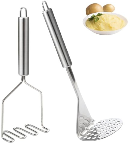 Pack of 2 Metal Potato Masher, 2 Style Stainless Steel Potato Masher | Dishwasher Safe, Kitchen Masher with Non Slip Handle for Beans, Avocado, Pumpkin, Vegetables and Fruits