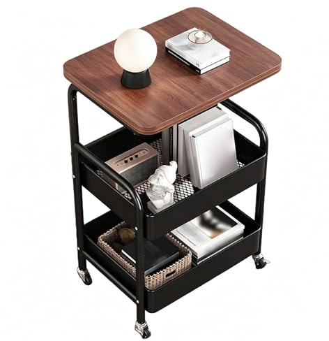 Fdit Carrello con Rotelle a 3 Livelli con Piano in Legno, Robusto Ripiano in Rete per la e L'ufficio, Rotelle Bloccabili 360 Ruote Girevoli Facile Montaggio Senza Attrezzi