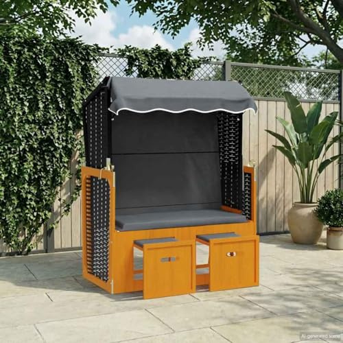 Kaloriko Strandkorb mit Dach Poly Rattan und Massivholz Schwarz Anthrazit 115x55x133 cm, 3-Fach verstellbare Rückenlehne, gepolsterte Fußhocker, wetterfest für Garten, Terrasse