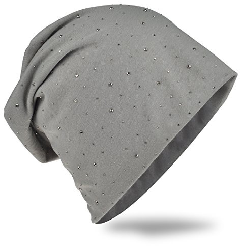 Miobo slokande beanie/lång mössa av jerseytyg med eleganta strassstjärnor/nitapplikationer, unisex, enfärgad trendig mössa för män och kvinnor, GRÅ, En Storlek