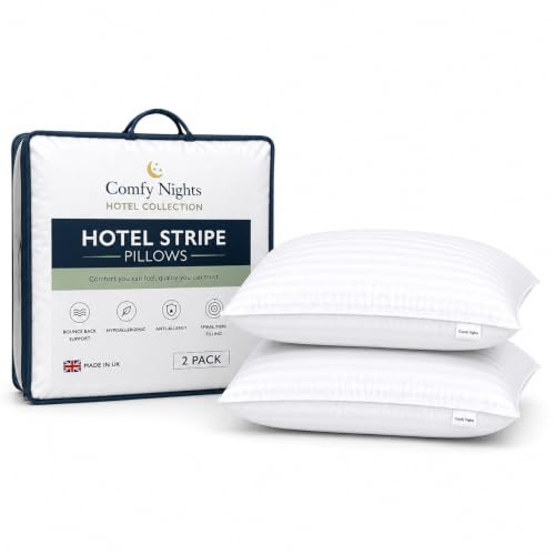 Comfy Nights Pillow 2 Pack Hotel Quality Stripe Bed Pillow Hypoallergenic & Anti Dust Mite Resistant Firm Support Side Sleeper Bounce Back Pillows (Pack of 2)