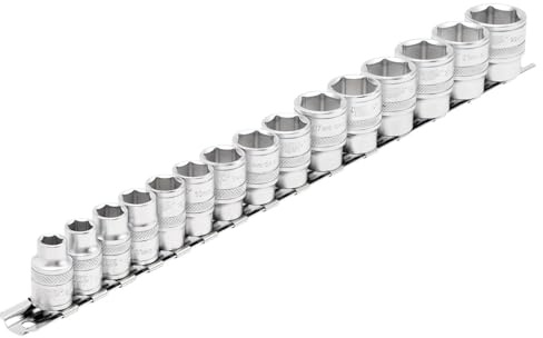 Draper 16492 3/8-Inch Square Drive Metric Socket 15 Piece Set On Metal Rail , Blue