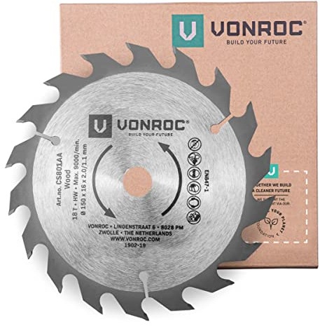 VONROC Kreissägeblatt 150 x 16 x 2,0/1,1mm - 18 Zähne – für Holz – Universal