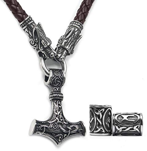 GUNGNEER Mjolnir Thor Hammer Necklace Pendant Viking Jewelry Men Accessories With Brown Wolf Head Leather Chain, Viking Beard Bead