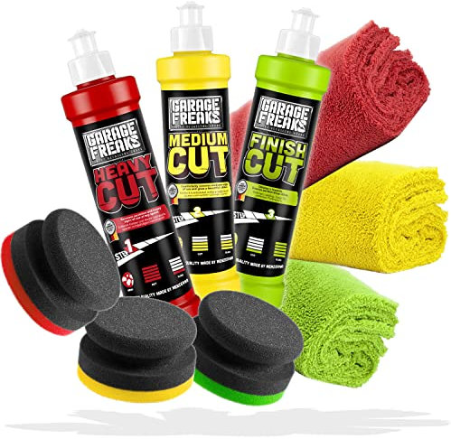 Garage Freaks Kit de polissage manuel Paquet Premium: Heavy Cut 250ml + Medium Cut 250ml + Finish Cut 250ml + 3X éponge de polissage + 3X chiffons de polissage en microfibres - Pour un polissage