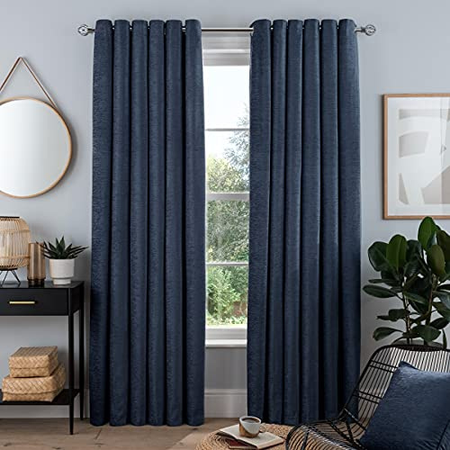 Sleepdown Lyxiga Chenille-öljett fodrade gardiner för sovrum och vardagsrum 5 x 117 x 137 cm, 5056242840329 marinblå 2 paneler