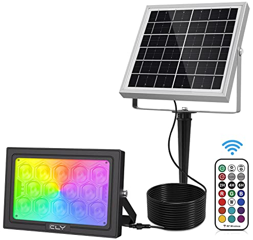 CLV Spot Solaire Exterieur Multicolore 30W, 30 Modes Dynamiques Projecteur Solaire Exterieur 10 Couleurs 6 Luminosité Lampe Solaire RGB 5000mAh Eclairage Exterieur Etanche IP66 Halloween Noël