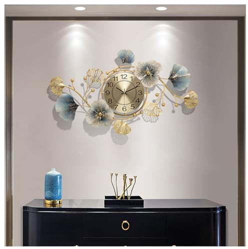 Large Silent Modern Decorative Wall Clock,Elegant Wrought Iron Wall Clocks Ginkgo Leaf Mute Wall Quartz Clock for Living Room Bedroom Hotel Porch (83 * 48cm)