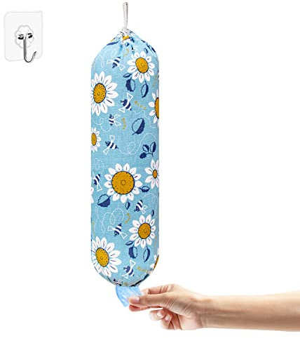 Plastic Bag Holder, Wall Mount Plastic Bag Organizer, Washable Large Grocery Bag Storage Dispenser, Shopping Bags Carrier ​for Home Kitchen Travelling, Free Adjustment with Drawstring, Sunflower,22x9