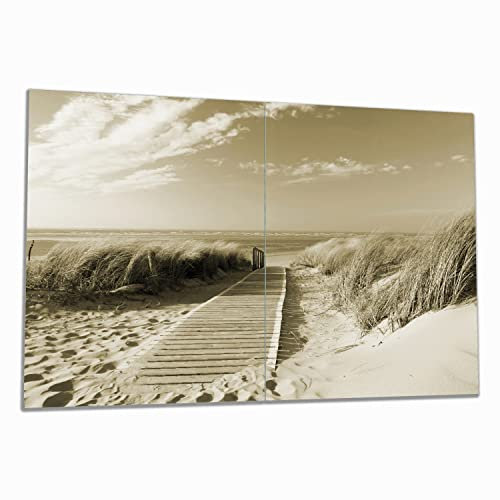 Wallario Herdabdeckplatte/Spritzschutz aus Glas, 2-teilig, 80x52cm, für Ceran- und Induktionsherde, Auf dem Holzweg zum Strand in Sepiafarben