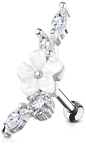 Stachelkleid Blume Perlmut Zirkonia Helix Ohrring Piercing Ohr Barbell Chirurgenstahl 316L (Silber)