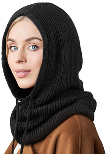 DRESHOW Winter Hats for Women Balaclava Knit Beanie with Adjustable Drawstring Warm Hooded Scarf Skull Cap Black