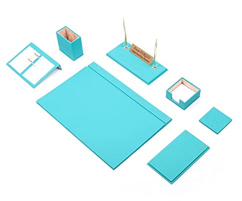 Schreibtisch-Set, türkisfarbenes Leder, Schreibtischunterlage, Notizpapierhalter, Stifthalter, Lederuntersetzer, Schreibtischzubehör, Schreibtisch-Organizer, Türkis (9PCS)