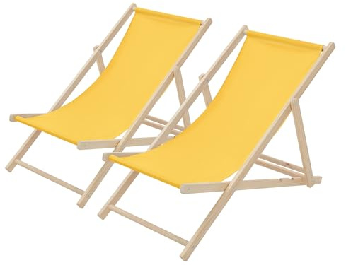 ECD Germany Set Med 2 Fällbar Solstol i Trä Gul med 3-stegs justerbart ryggstöd upp till 120 kg, relaxstol för trädgård balkong terrass och hopfällbar stol för strand, komfortabel liggstol vila