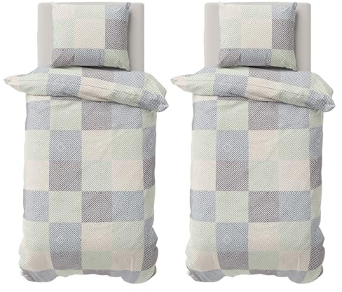 Visaggio 4 teilige Bettwäsche 135x200cm Bettbezug Garnitur Set Baumwolle Renforce Deckenbezug Kissenbezug Quadrat Beige Grau Eukalyptus