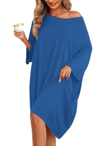 KFUBUO Camicie da Notte Taglie Forti per Le Donne Camicie da Notte Oversize in bambù Maglietta da Notte Maniche Corte Stampa Indumenti da Notte con Tasca, Blu Pavone, Oversized