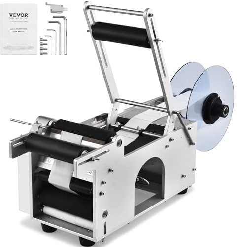 VEVOR Etiquetadora Redonda Semi-Automática, 20-50 unids/Min, Aplicador de Etiquetas de Botellas para Botellas Redondas, Máquina de etiquetado para Botellas Diámetro 20-120 mm (con Barra de prensado)