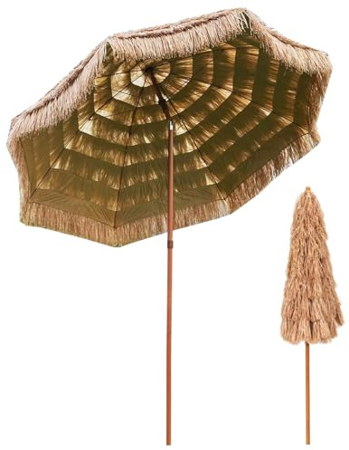 Sonnenschirm Hawaii Ø210cm Neigbar Höhenverstellbar UV Schutz 30+ Groß Rund Balkon Strand Strohschirm Strandschirm Bast Hawaiischirm Braun