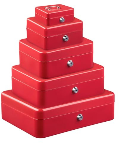 New Metal Petty Cash Box With 2 Keys Steel Cash Safe Box Cash Deposit Coin Tin Money Safe Box Security Organiser Removable Change Tray For Perfect Secure Storage (Red, 12 inch)