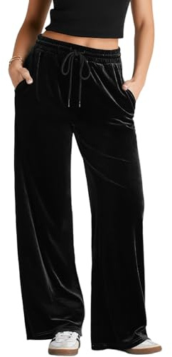 Herseas Women's Black Velvet Pants Plus Size Drawstring Waist Loose Palazzo Pants Casual Lounge Pant XX-Large