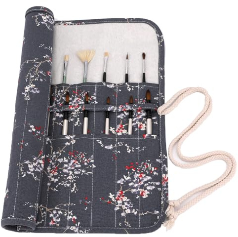 Amoyie Paintbrush Roll Up Case, Artist Brush Holder, Art Pen Carrier, Grey | Plum, 20 Slots for 40 Brushes, Canvas Storage Bag for Acrylic, Oil, Watercolour Paintbrushes, Foldable Pouch, Outdoor Sketch