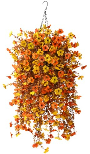 Fall Artificial Fake Mums Hanging Flowers Plants Basket for Outdoor Autumn Decoration, Fake Silk Orange Planters UV Resistant Look Real for Home Patio Balcony Yard Porch Decor(Yellow Orange)