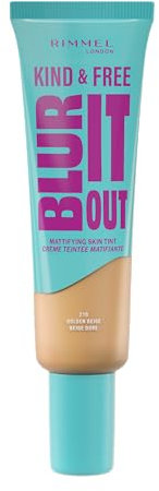 Rimmel London Kind & Free BLUR IT OUT Fondotinta Opacizzante, 210, Golden Beige, Controllo effetto lucido per tutto il giorno, Make-up dal finish matte leggero, 30 ml