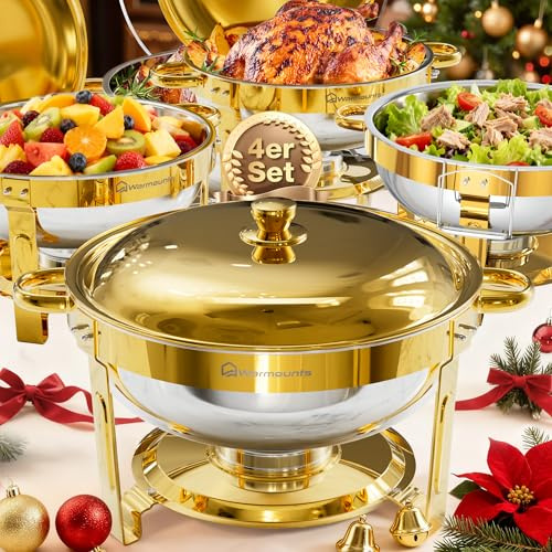WARMOUNTS 5L Chafing Dish Buffet Set with Lid 4 Pack, Round Food Warmer for Catering Buffet with Lid Holder, Stackable Rolled-Rim Food-Grade Stainless Steel Chafer for Parties, Weddings & Banquets