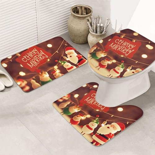 FLYIFE Badezimmerteppich-Set, Motiv: Frohe Weihnachten, Cartoon-Druck, rutschfest, 3-teilig, Flanell-Badematte mit U-förmiger WC-Vorleger und WC-Sitzbezug