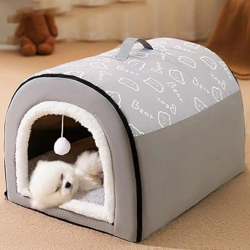 Katzenhaus - Indoor-Hundehütte - Bett in der Höhle für Hunde und Katzen - Innenhütte für Hunde und Katzen mit Spielball (grau, XL: 60 x 45 x 40 cm)