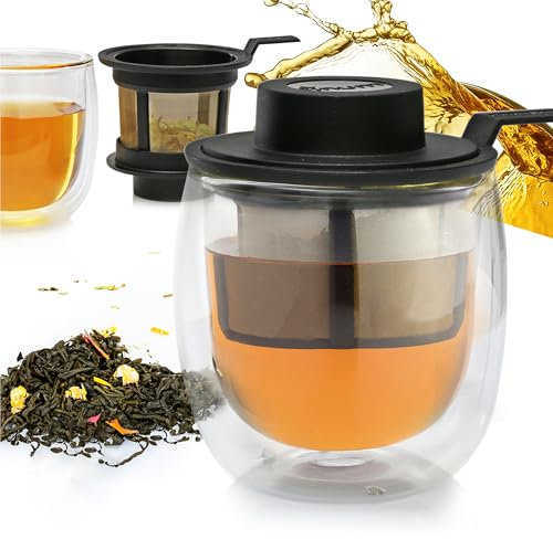 finum® Hot Glass System 130 ml, Teesieb mit Abtropfschale für Losen Tee, BPA-Frei, Doppelwandiger Glasbecher, Permanent-Teefilter aus Edelstahl, Schwarz (24)