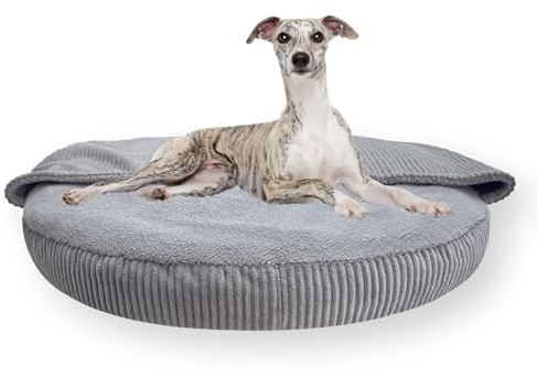 4L Textil Vigo Hundebett mit Kapuze Hundehöhle Hundedecke Hundekorb mit Kapuze Hundeschlafsack Hundekörbchen Cord Hundekissen mittelgroße Hunde mit Decke (Grau, L 90 x B 90 x H 12 cm)