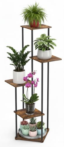 Estantería Plantas Interior, Soporte Macetas de Metal, Soporte Plantas de 5 Niveles para Múltiples Plantas, Patio, Jardín, Sala de Estar, Esquinero, Decoración Hogar Plant Tier Stand (Marrón)