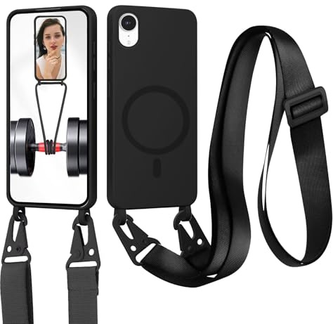xinyunew Handykette für iPhone XR Hülle mit Band Abnehmbar [Kompatibel mit Magsafe] Flüssig Silikon Necklace Handyhülle Magnetische Schutzhülle zum Umhängen Kordel für iPhone XR, Schwarz