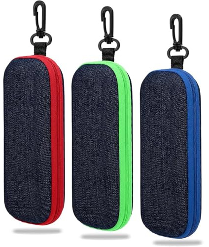 WUBAYI Paquete de 3 fundas para gafas de mezclilla, funda rígida con cremallera y gancho, juego de almacenamiento de gafas de mezclilla para viajes, elegante protección